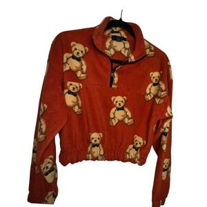 Forever‎ 21 Orange Red Teddy Bear Fleece Cropped Quarter Zip Sweatshirt Women M